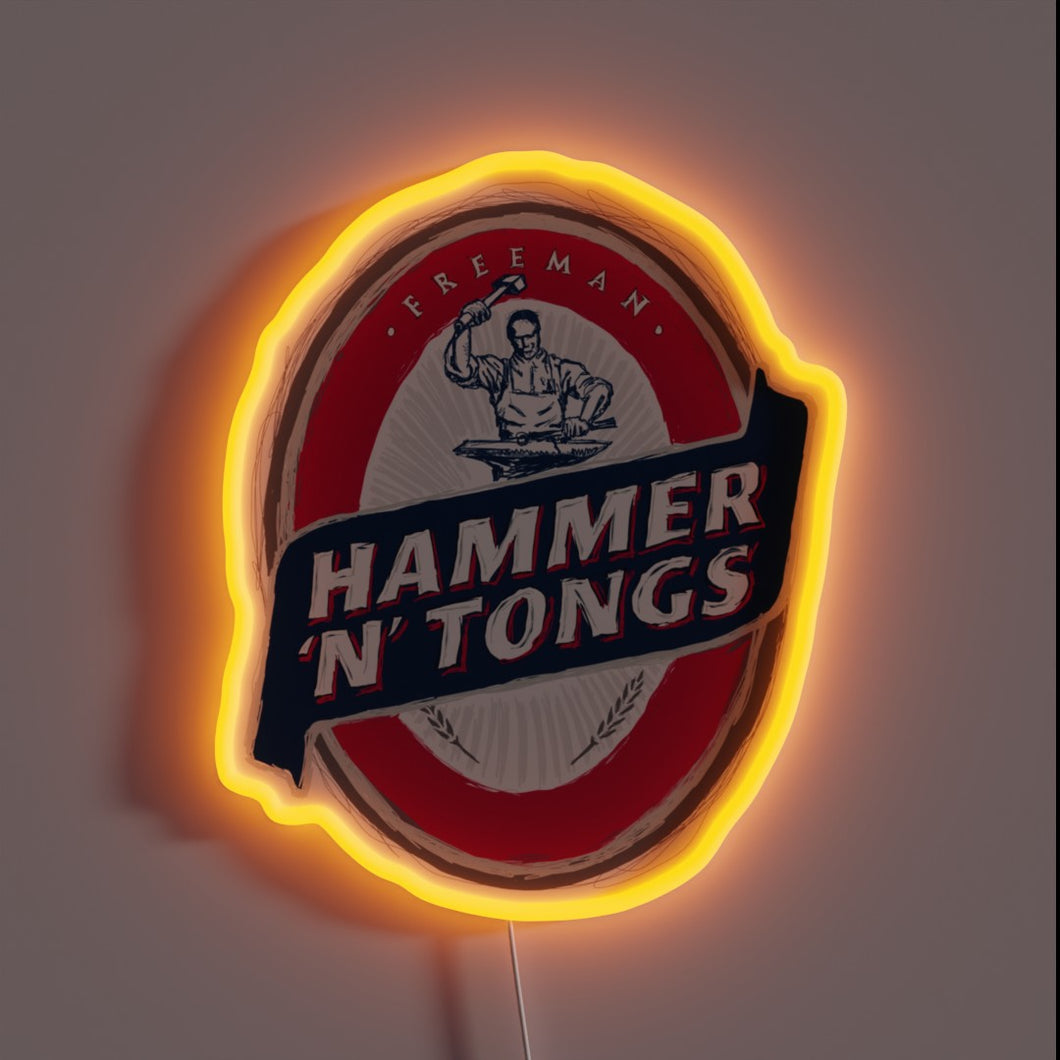 Eye-catching Hammer and Tongs POP Sign in Vibrant Neon Colors