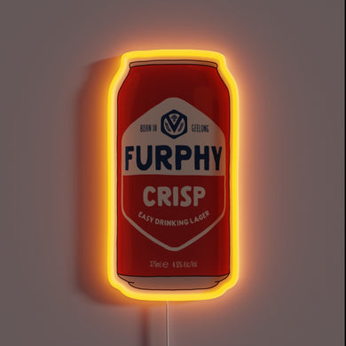 Vibrant hand-drawn Furphy Crisp can logo in neon RGB illumination.