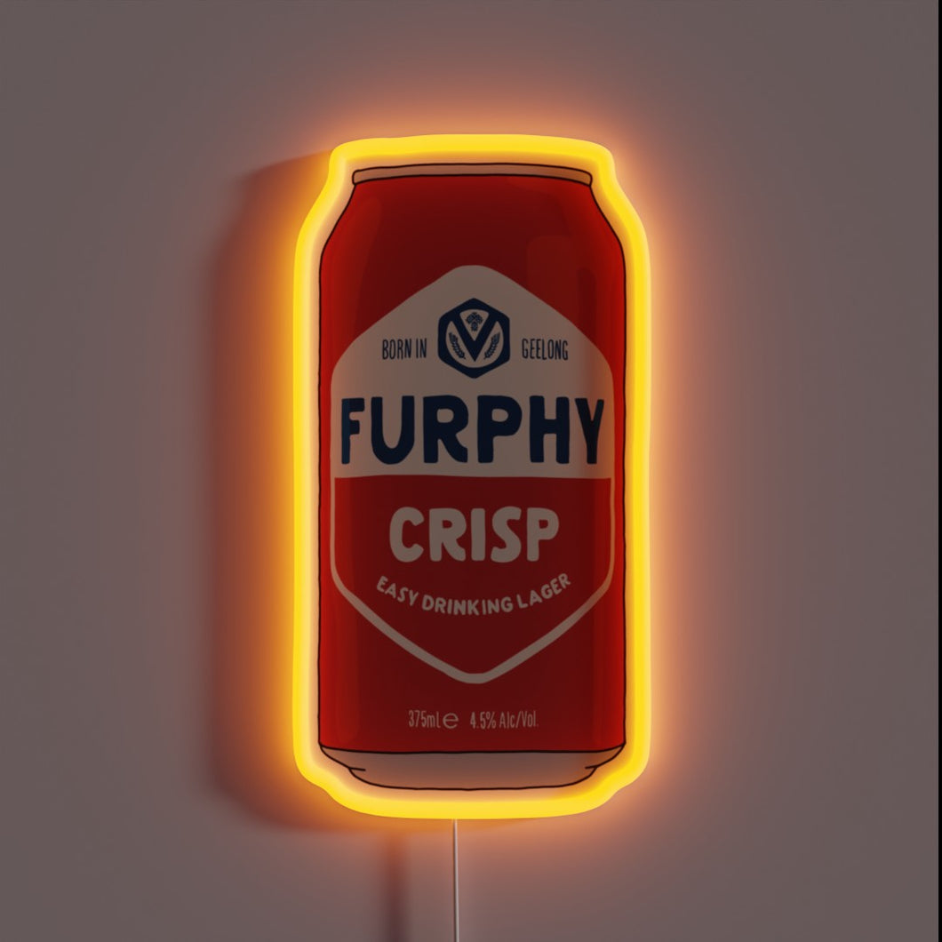 Vibrant hand-drawn Furphy Crisp can logo in neon RGB illumination.