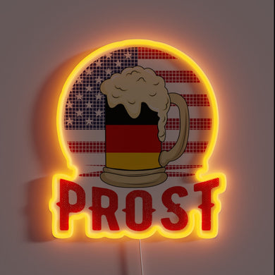 Glowing neon beer garden decoration with festive USA Germany pride