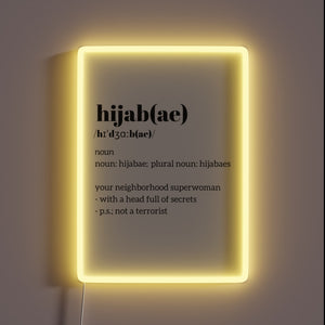 Vibrant, customizable hijab accessory featuring color-changing neons and Arabic lettering.