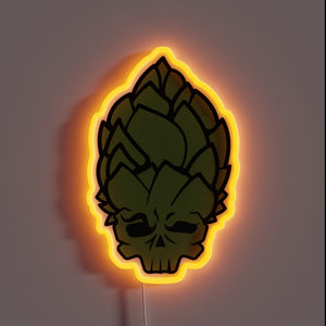 hop-head-customneon-70840 – Neon wall sign shaped like a hop cone with a skull face, outlined in glowing orange light