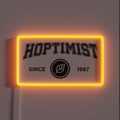 Neon lighted beer sign featuring HOPTIMIST logo in vintage colors