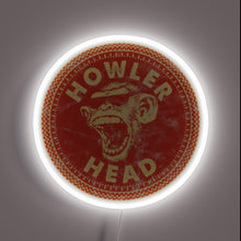 Charger l&#39;image dans la galerie, Howler Head Whiskey neon sign with a bold red circular design featuring a roaring monkey and white neon glow outlining the logo.
