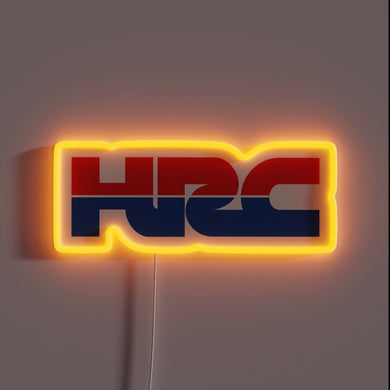 HRC neon sign in red and blue with bold glowing border.