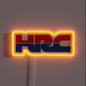 HRC neon sign in red and blue with bold glowing border.