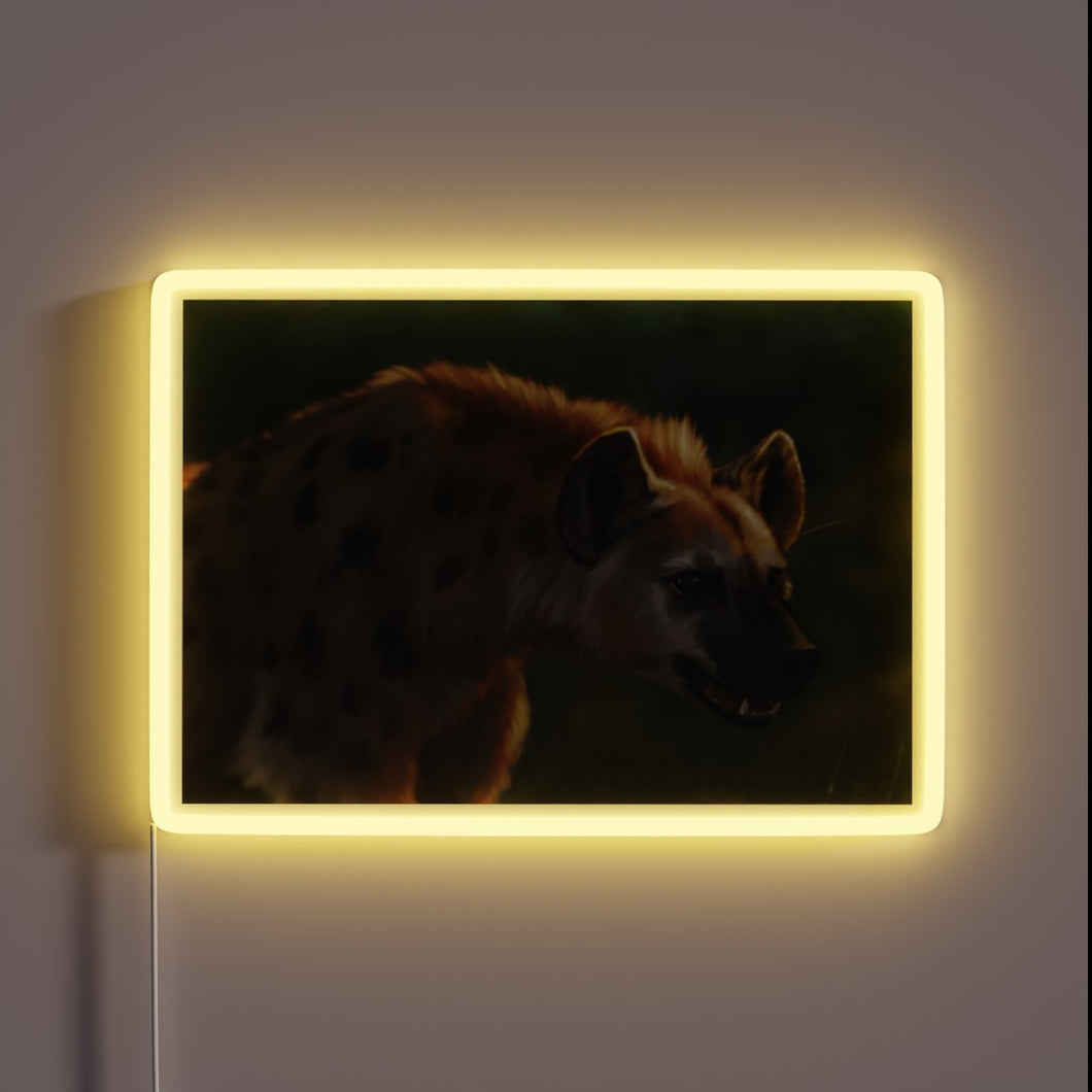 Vibrant hyena silhouette glows with customizable RGB LED neon lighting effects