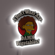 Charger l&#39;image dans la galerie, Neon sign protesting vegetable addition to meals with bold colors.