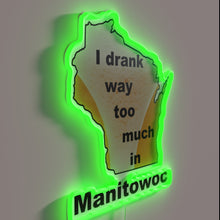 Charger l&#39;image dans la galerie, Retro neon sign celebrating excessive drinking in Manitowoc, Wisconsin humor