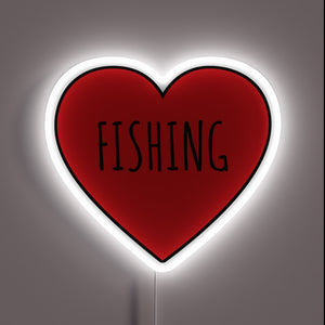 Colorful neon sign featuring heart and fishing rod design.
