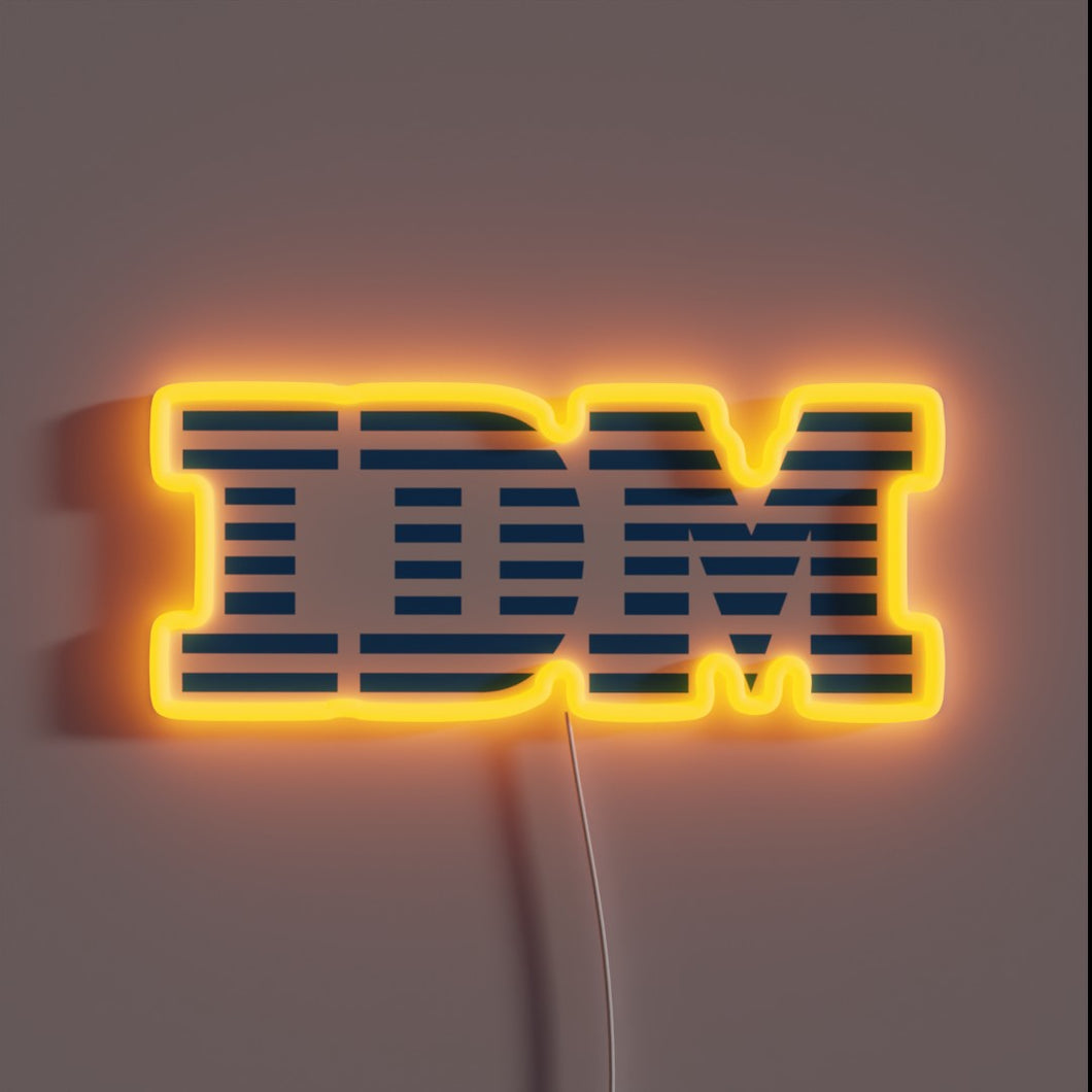 Eye-catching IDM computer logo illuminated by vibrant RGB neon lights.
