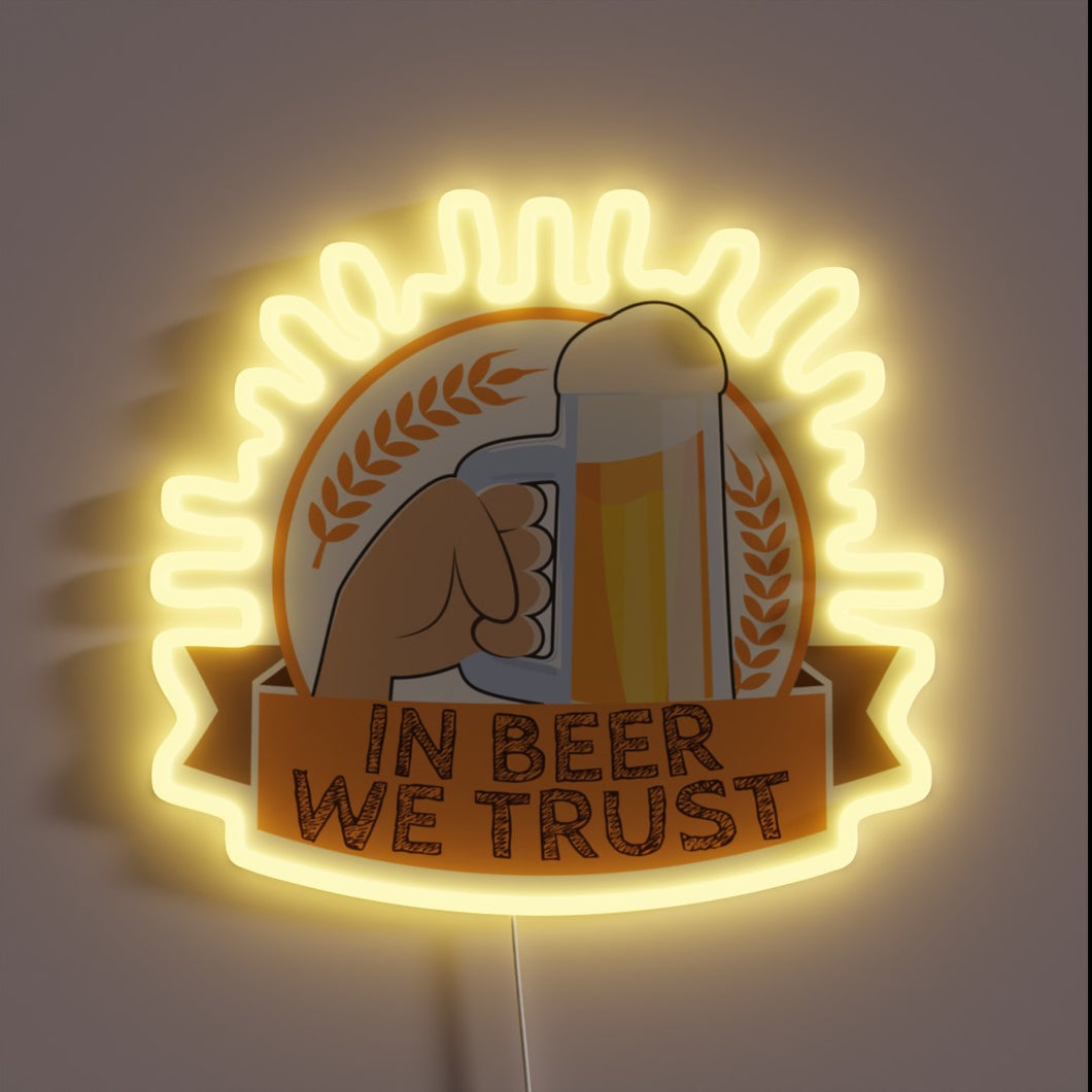 Neon sign advertising authentic German-style beer with vibrant color scheme.