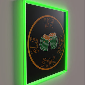 Vibrant LED neon sign featuring a colorful IPA beer logo.