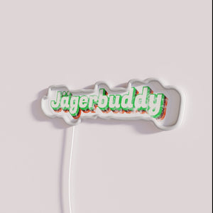 Retro style Jagerbuddy 70s inspired logo RGB neon bar decor