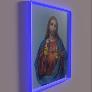 RGB Neon Sign Featuring Jesus Holding Cans of Tennents Lager
