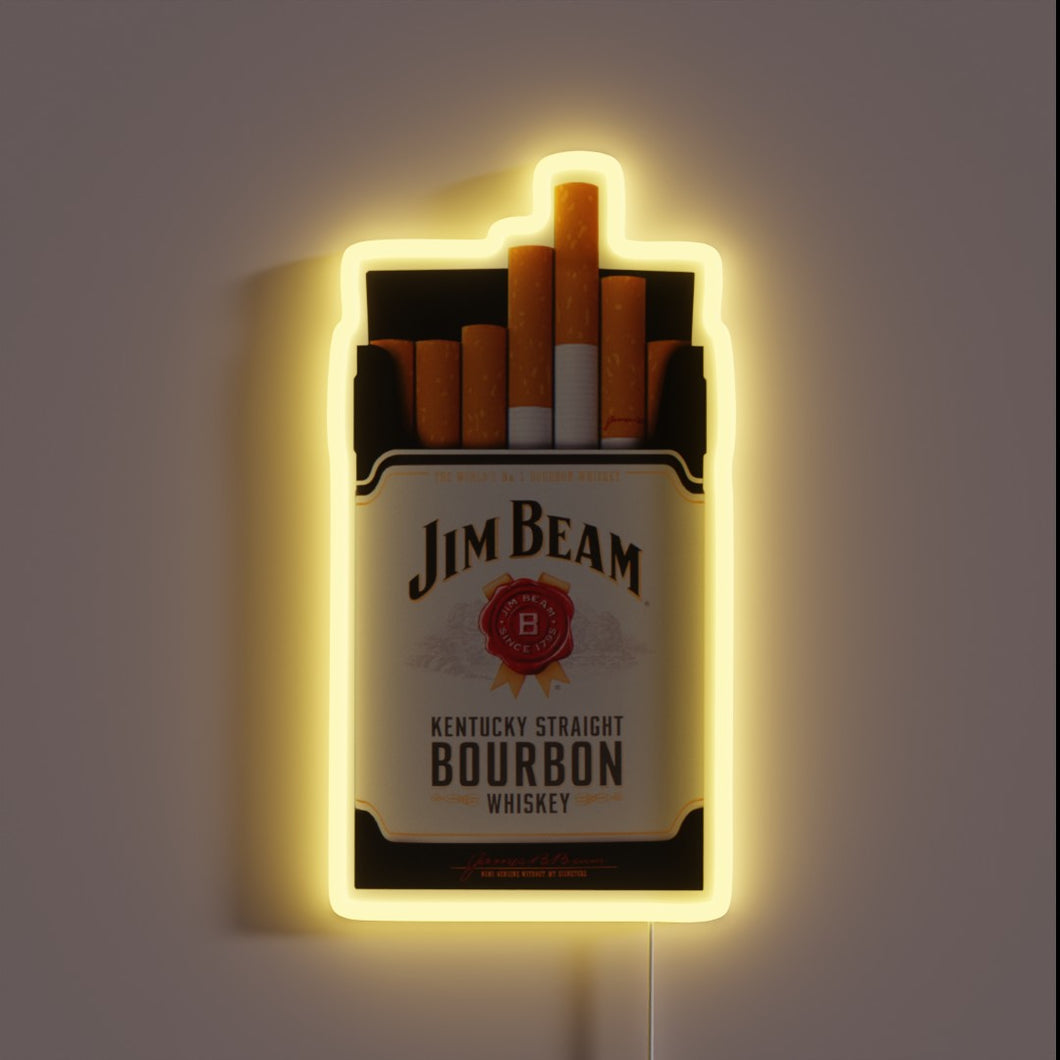 Vintage neon sign featuring iconic Jim Beam whiskey cigarette design.