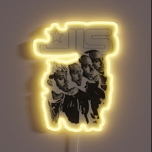 Vibrant LED neon sign featuring iconic band members in color.