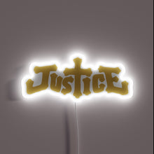 Charger l&#39;image dans la galerie, Justice logo neon sign in gold gothic style with cross-shaped &quot;T&quot;.