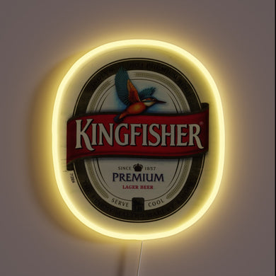 Eye-catching neon sign featuring vibrant Kingfisher beer branding colors glowing