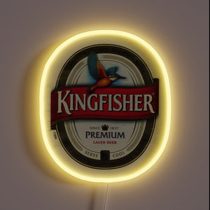 Eye-catching neon sign featuring vibrant Kingfisher beer branding colors glowing