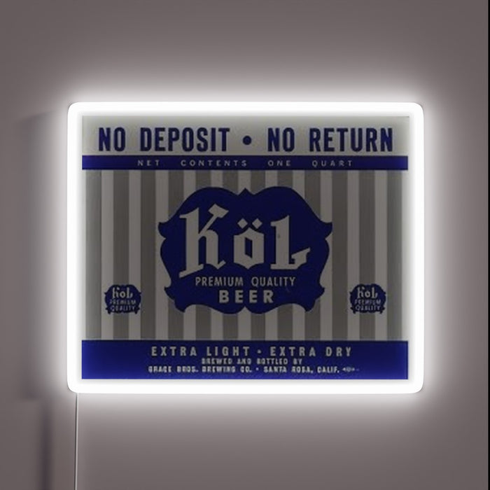 Glowing Kol Beer logo in vibrant RGB neon light design