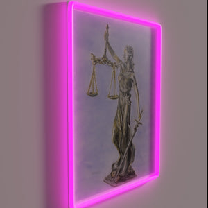 Balancing Scales of Justice in Vibrant RGB Neon Accent Light