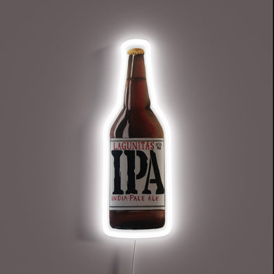 Neon sign of a Lagunitas IPA beer bottle with a white glow.
