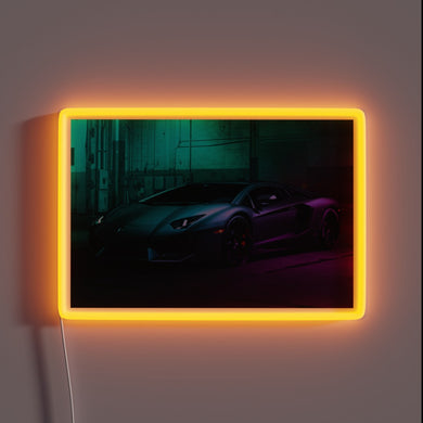 Eye-catching neon sign featuring Lamborghini Aventador with vibrant color effects.