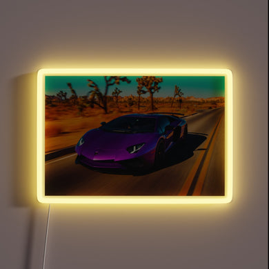 Eye-catching Lamborghini-inspired neon desert road strip lighting ambiance decoration.