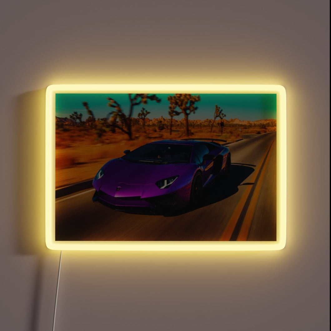 Eye-catching Lamborghini-inspired neon desert road strip lighting ambiance decoration.