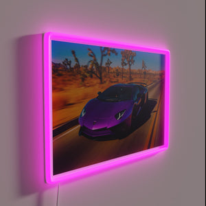 Lamborghini-inspired desert road with vibrant RGB neon lighting ambiance