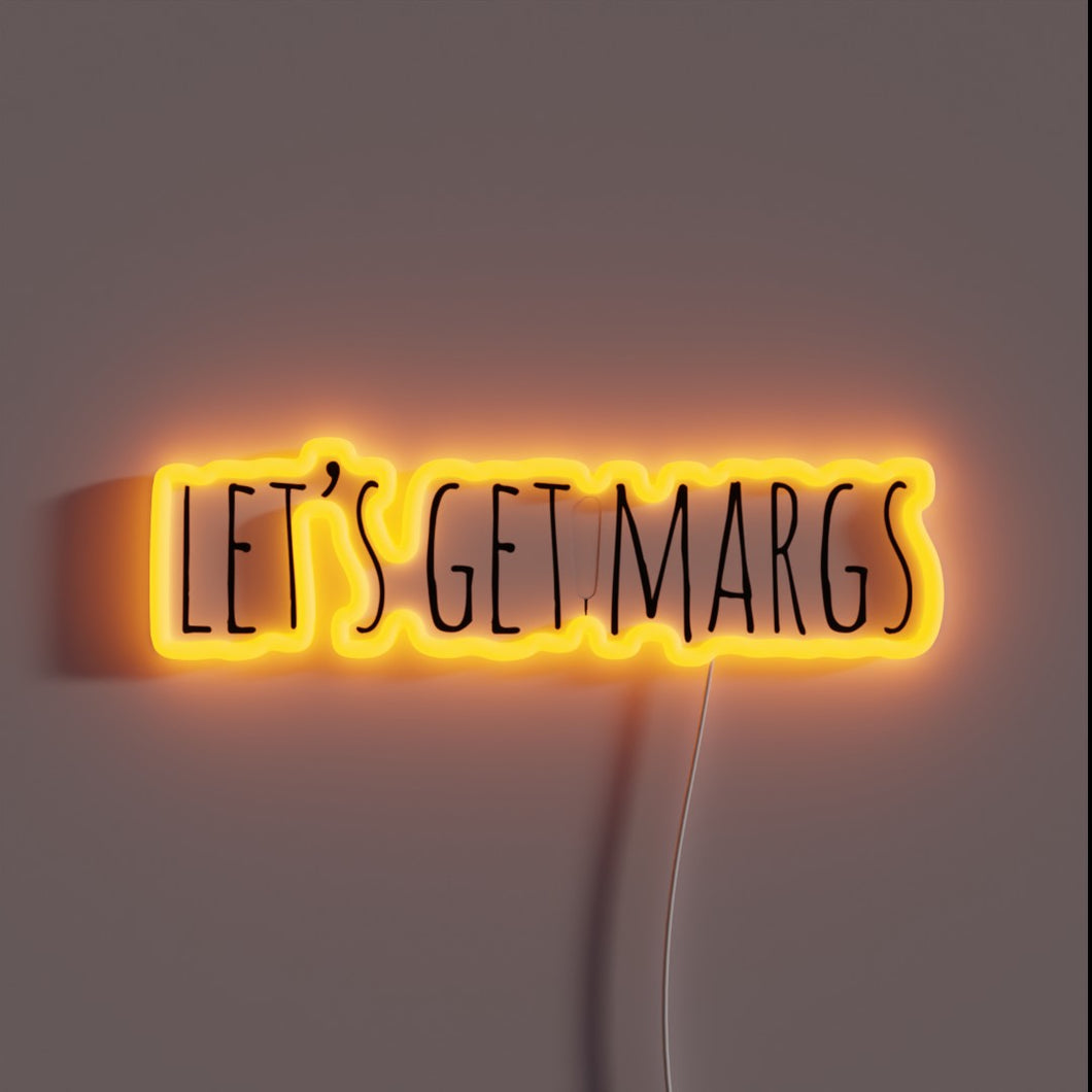 Neon bar sign: Let's Get Margs, Bold Red and Blue Letters