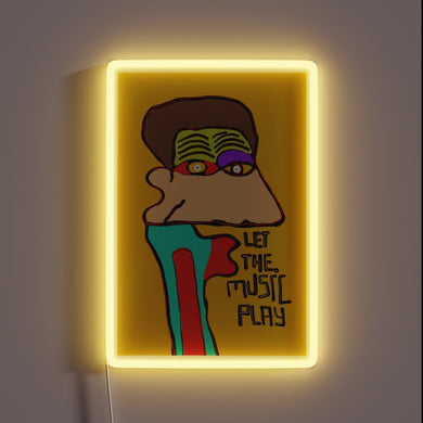 Colorful LED neon sign with 'Let The Music Play' design.