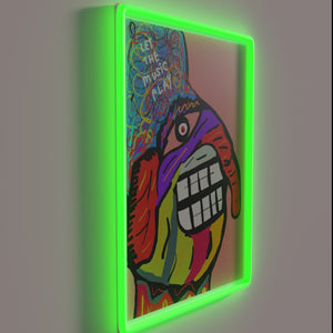 Colorful neon sign featuring musical notes in vibrant RGB lights
