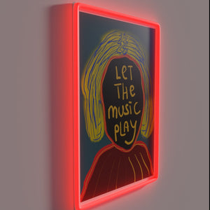 Neon music wall decor with colorful LED light installation glowing.