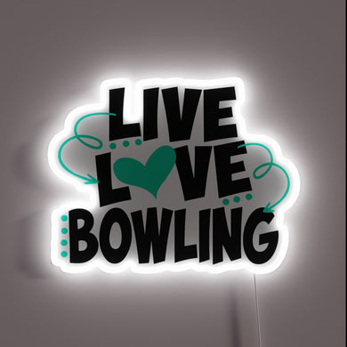 Vibrant LED sign with RGB colors and bowling love theme.