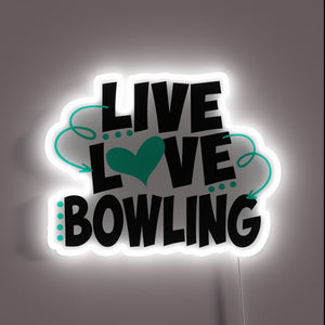 Vibrant LED sign with RGB colors and bowling love theme.