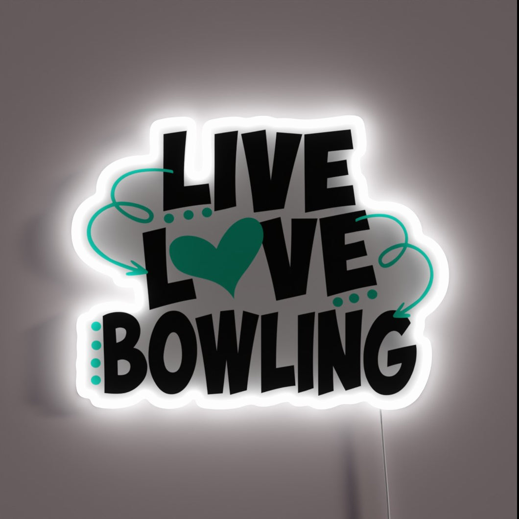 Vibrant LED sign with RGB colors and bowling love theme.