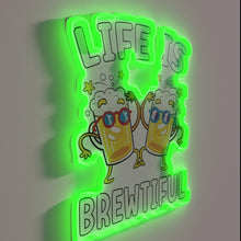 Charger l&#39;image dans la galerie, Colorful neon sign featuring coffee cup with beer inside phrase.