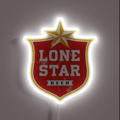 Lone Star Beer neon sign with vintage red shield and white glow.