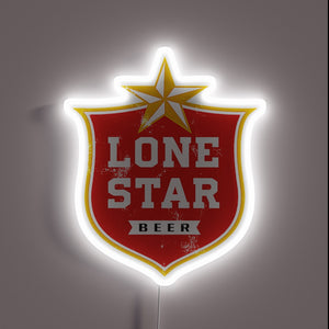 Lone Star Beer neon sign with vintage red shield and white glow.