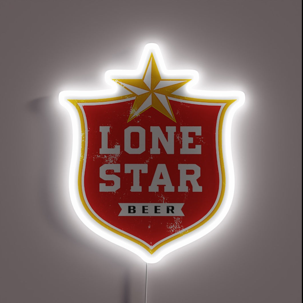 Lone Star Beer neon sign with vintage red shield and white glow.