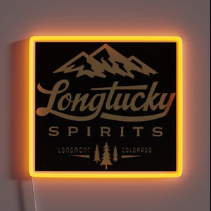 Vibrant RGB neon sign featuring Longtucky Spirits logo and branding.