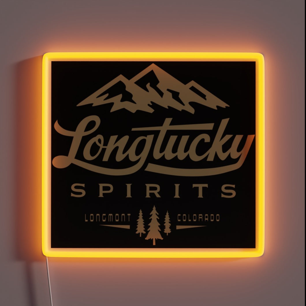 Vibrant RGB neon sign featuring Longtucky Spirits logo and branding.