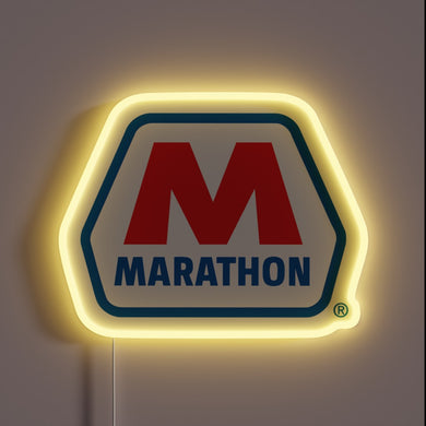 Customneon sign featuring the Marathon Oil logo with a bold red “M” above blue “MARATHON” text, outlined by a geometric yellow neon glow
