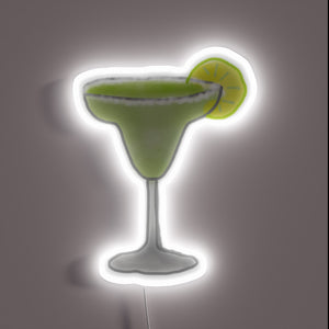 Neon sign of a green margarita glass with a lime slice garnish, glowing with a white outline.
