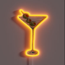 Charger l&#39;image dans la galerie, Vibrant bar decor neon sign featuring martini glass and olives.