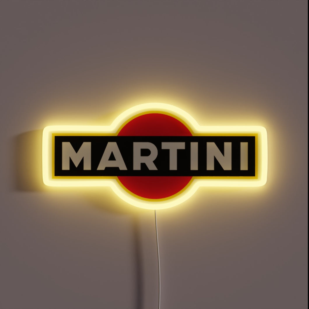 Neon sign of the MARTINI logo with bold white text on a black rectangle over a red circle, glowing with a yellow outline.
