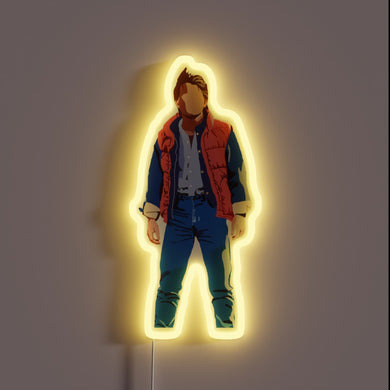Back to the Future inspired neon sign with Marty McFly silhouette and glowing yellow outline.