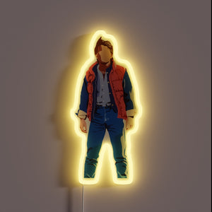 Back to the Future inspired neon sign with Marty McFly silhouette and glowing yellow outline.